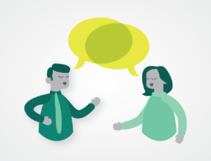 Illustration of two cartoon people talking
