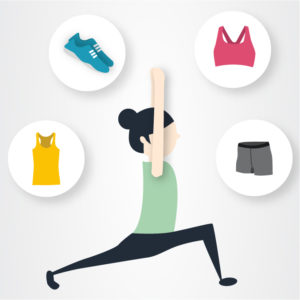 Illustration of woman doing yoga and thinking about workout clothing.